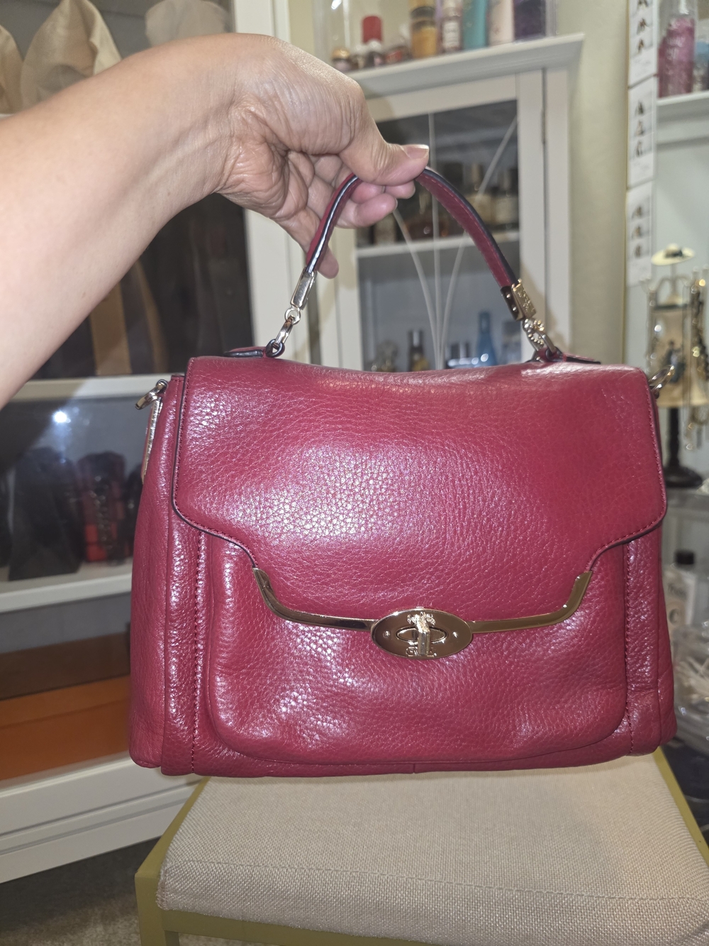 Red Leather Top-Handle Satchel Handbag